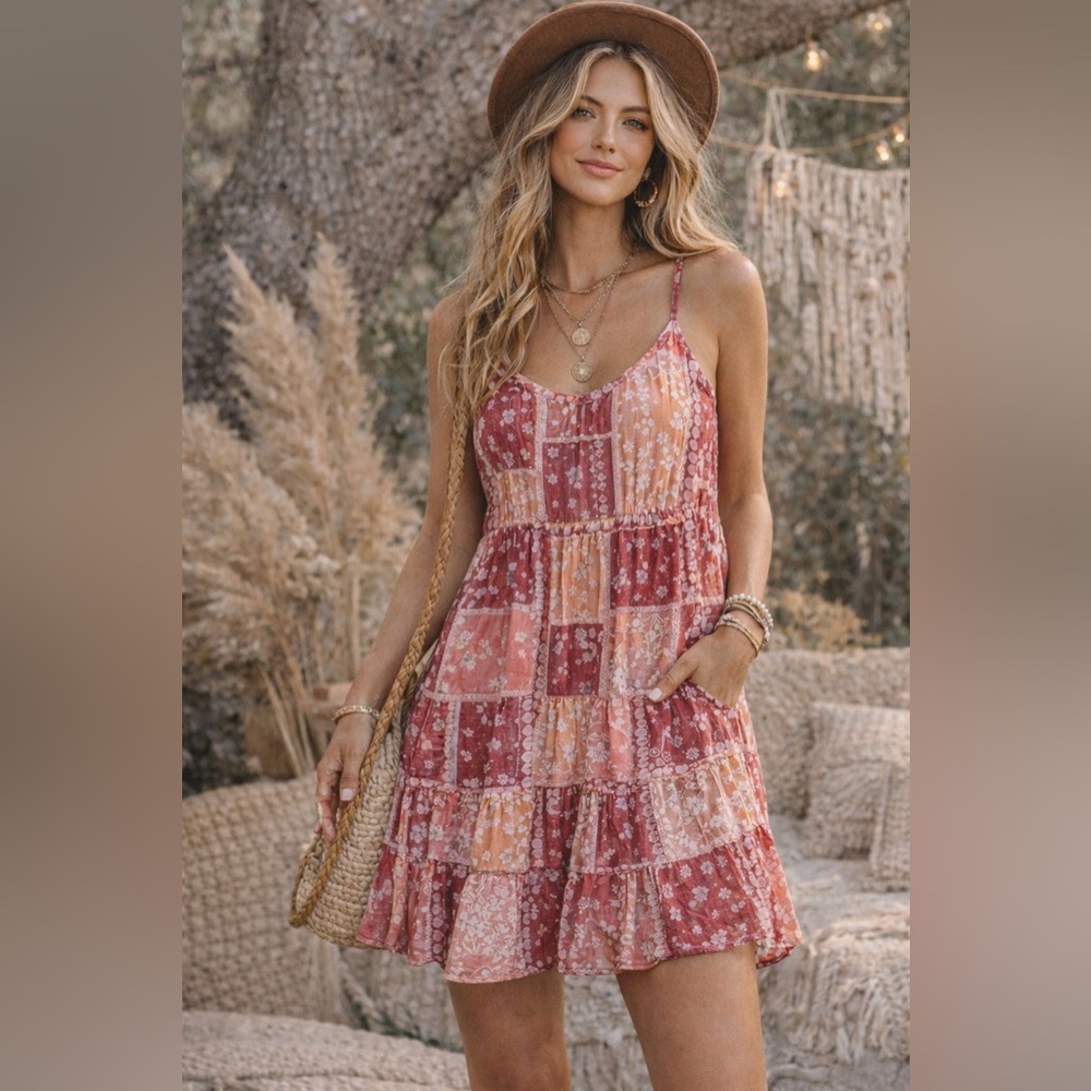 Beach Lunch Lounge Patchwork Boho Mini Dress Tiered Festival Pink Red L